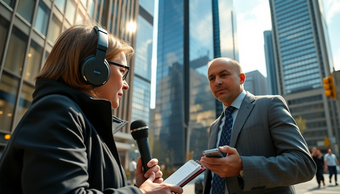 Journalist interviewing source in a vibrant urban setting for Usa Today news coverage.