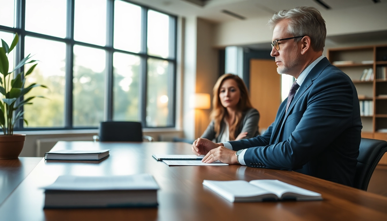 Consultation scene with an Orlando Personal Injury Lawyer helping a client in a law office.