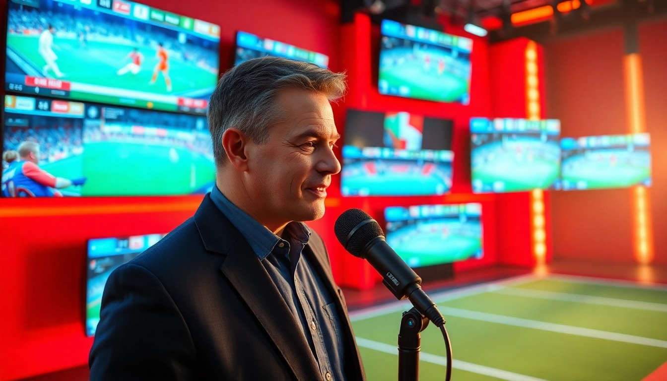 Engaging sports broadcasting scene showcasing a broadcaster amidst live sports coverage.
