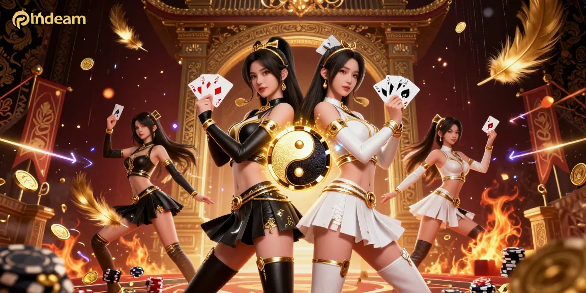 phdream showcases twin Asian women playing cards in a dynamic casino setting, symbolizing luck and strategy.