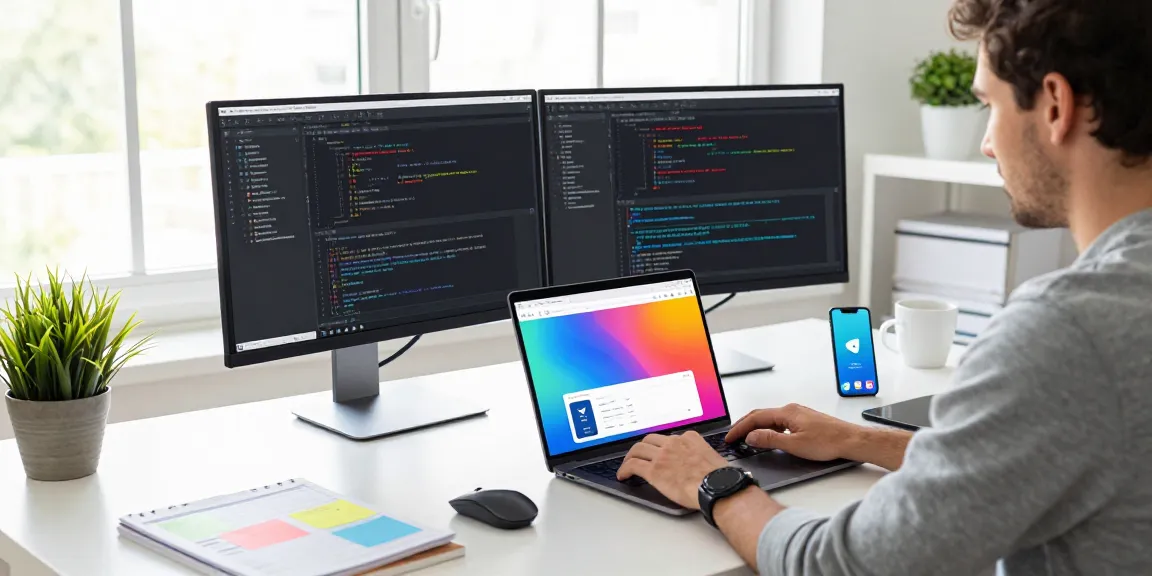 Discover the benefits of 纸飞机下载 in a modern workspace, showcasing Telegram's features on a developer's screen, enhancing productivity.