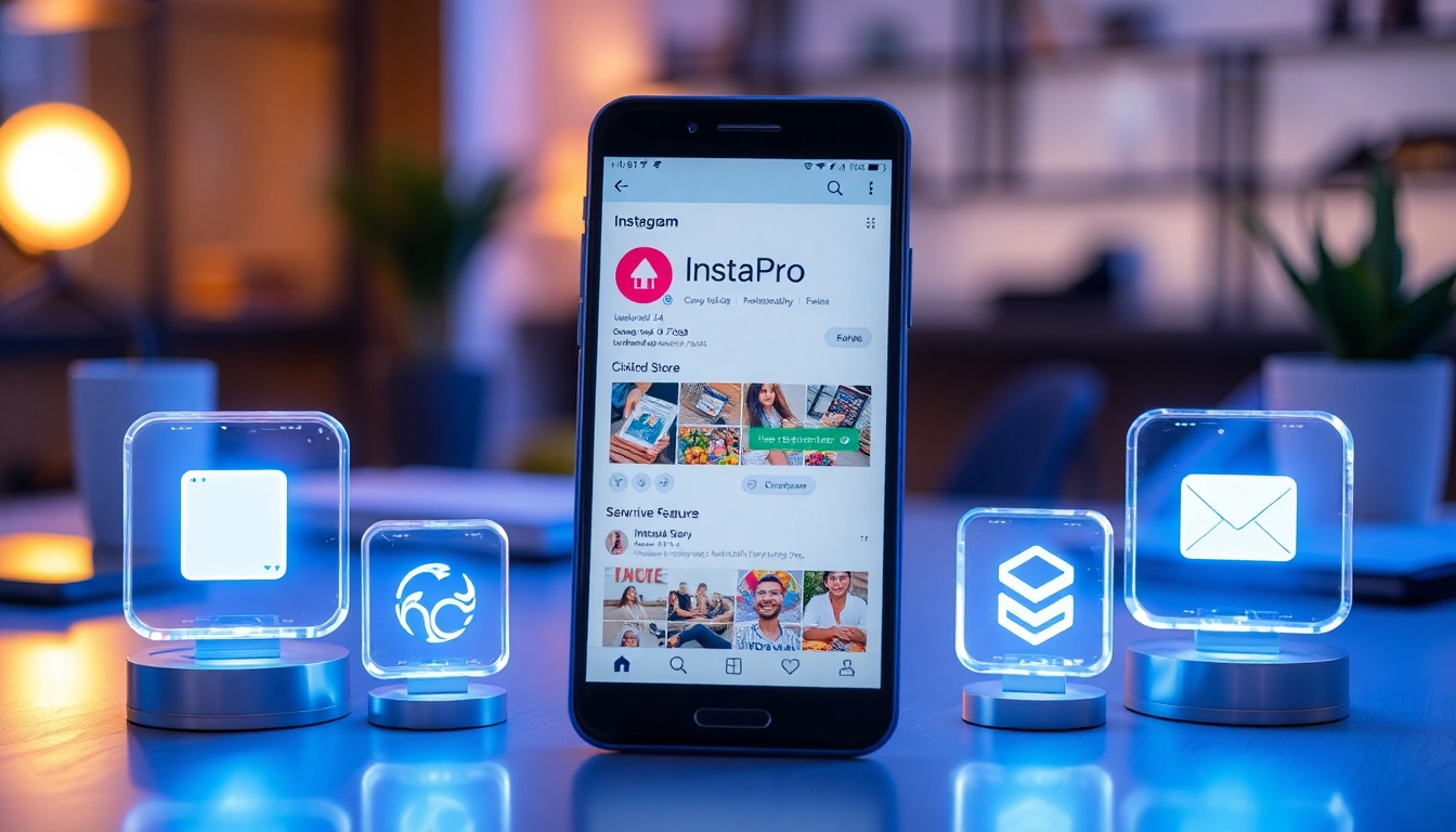 Instapro apk download interface displayed on a smartphone showcasing enhanced Instagram features.