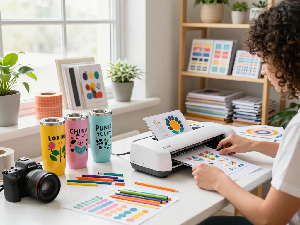 Person crafting with Cricut machine and vibrant SVG files in a lively studio.