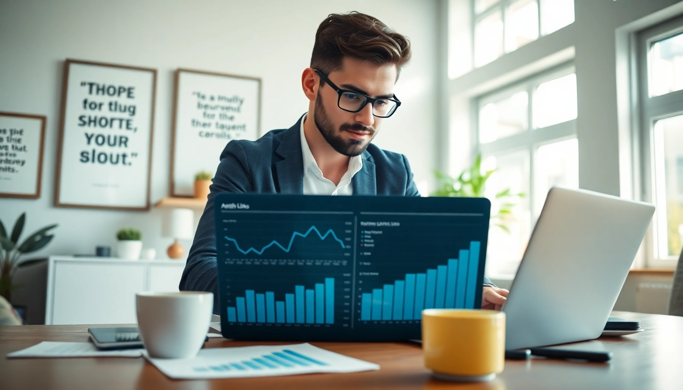 Eager entrepreneur analyzing data to earn money on short links in a sleek home office