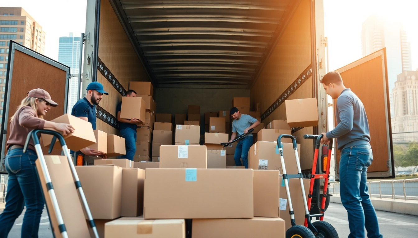 Moving Company team efficiently packing a truck in a bright urban setting during a move.