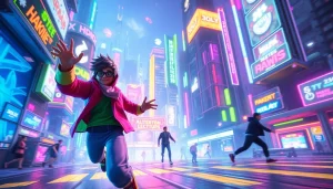 Menampilkan karakter penuh energi dalam hakim4d game di kota futuristik yang berwarna-warni.