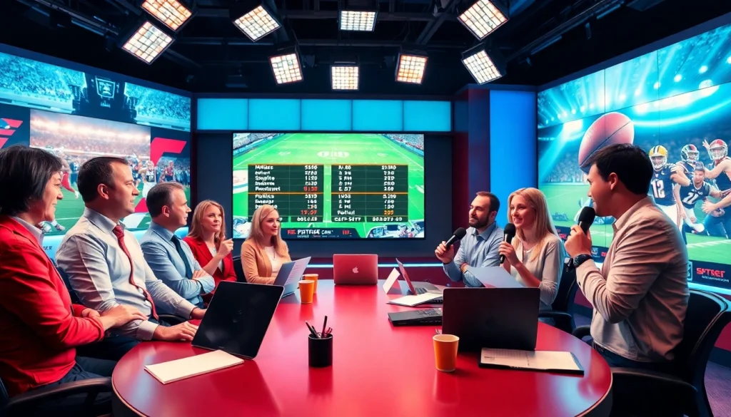 Sportsbytes.com.ph journalists engaged in lively sports discussions in a modern newsroom.