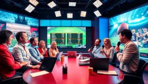 Sportsbytes.com.ph journalists engaged in lively sports discussions in a modern newsroom.