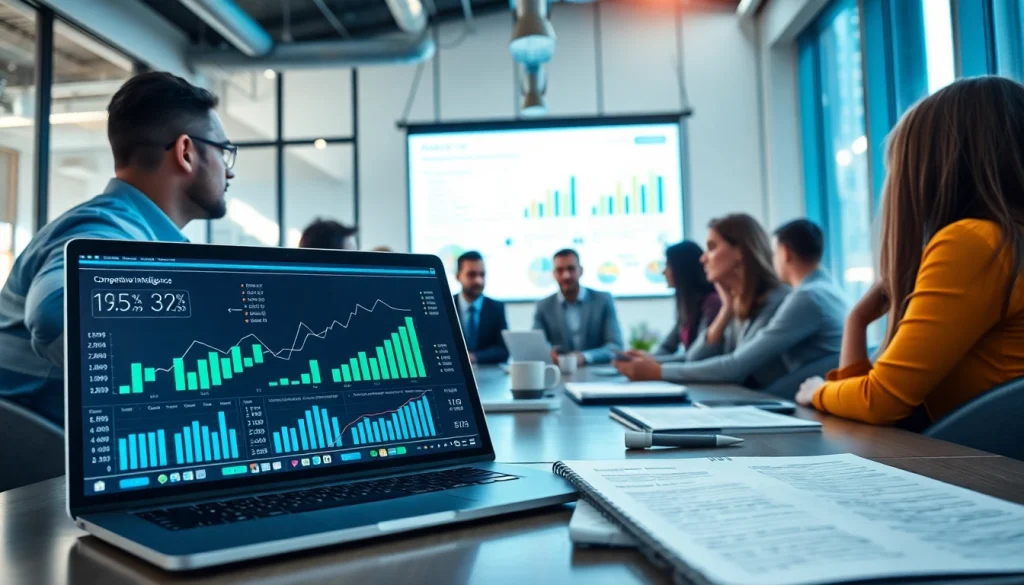 Engaging professionals collaborating on competitive intelligence strategies in a modern workspace.