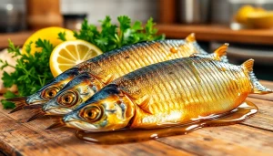 Saborea sardianas gourmet perfectamente dispuestas sobre una tabla de madera rústica.