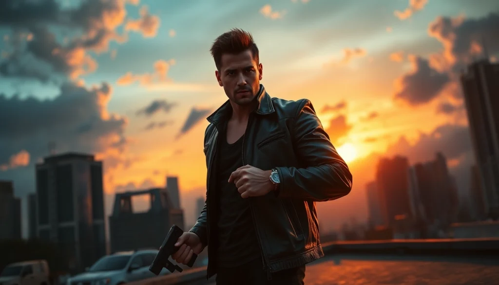 Engage with the action-packed thriller scene showcasing a dynamic urban hero on a rooftop.