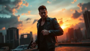 Engage with the action-packed thriller scene showcasing a dynamic urban hero on a rooftop.