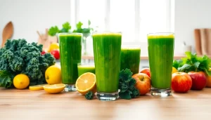 Promote detox supplement for weight loss with fresh fruits, juices, and vibrant greens.