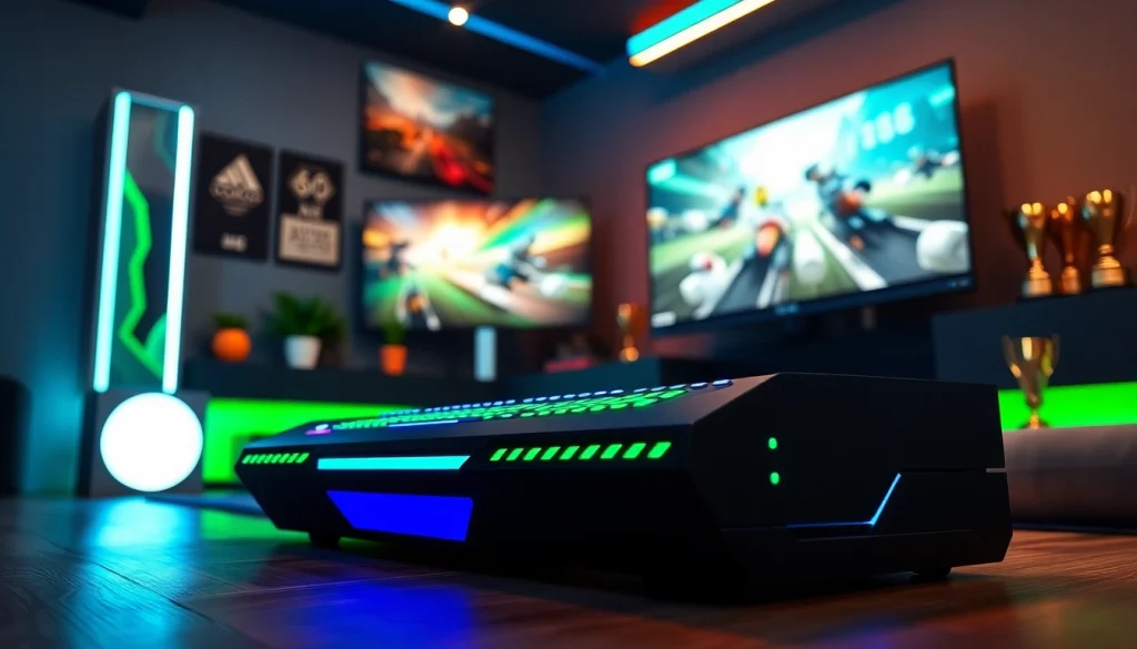 Showcase of the RR88 console in a dynamic gaming environment with vibrant lighting.