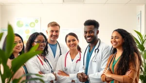 Promote Health advancements with a group of diverse professionals discussing strategies in a modern clinic.