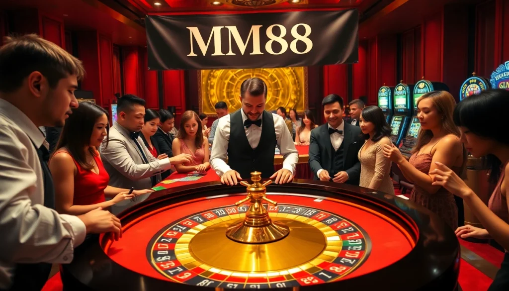 Experience the thrill of MM88 at a bustling roulette table with vibrant colors and intense players betting.