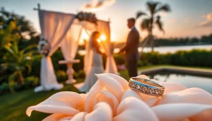 Wedding photographer Tampa FL captures an outdoor sunset ceremony with soft floral decor.