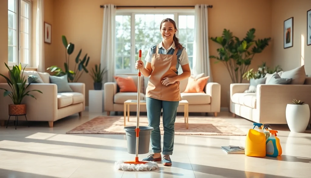 Cleaning Service professional smiling while cleaning a bright living room, highlighting a tidy environment.