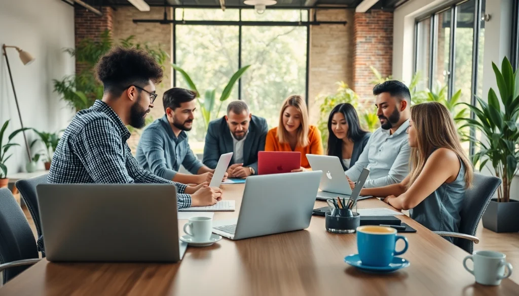 Collaborative meeting scene at https://whatalker.com with diverse professionals engaged in brainstorming.