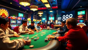 Experience high-stakes poker action at mm888, with players betting on shiny chips and vibrant cards.
