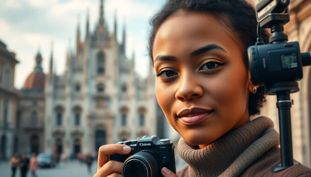 Ritratto dal fotografo di ritratto Milano in un vivace paesaggio urbano di Milano.