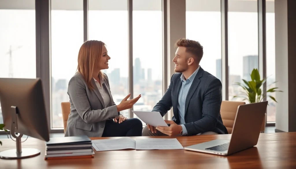 Beratung durch https://frankfurt-bester-immobilienmakler.de in einem modernen Büro mit Stadtblick.