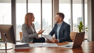 Beratung durch https://frankfurt-bester-immobilienmakler.de in einem modernen Büro mit Stadtblick.