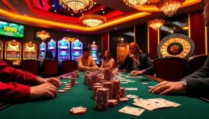 mm88 features a thrilling poker game scene filled with vibrant chips, energized players, and a roulette wheel for a complete casino experience.