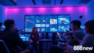 Immersive online gaming experience featuring 888new, showcasing diverse players engaged with vibrant digital interfaces.