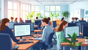 Engaged individuals typing in a modern typing center workspace with natural lighting.