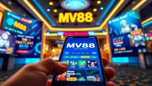 MV88 mobile app interface with secure transaction icons and vibrant colors.