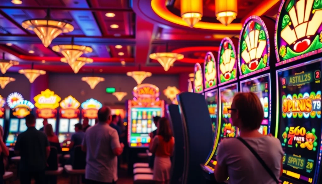 Putar slot gacor pada mesin judi dengan lampu berkilauan dan pemain yang antusias.