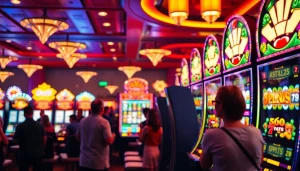 Putar slot gacor pada mesin judi dengan lampu berkilauan dan pemain yang antusias.