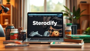 Steroidify reviews displayed on a laptop in a well-lit fitness-themed workspace.