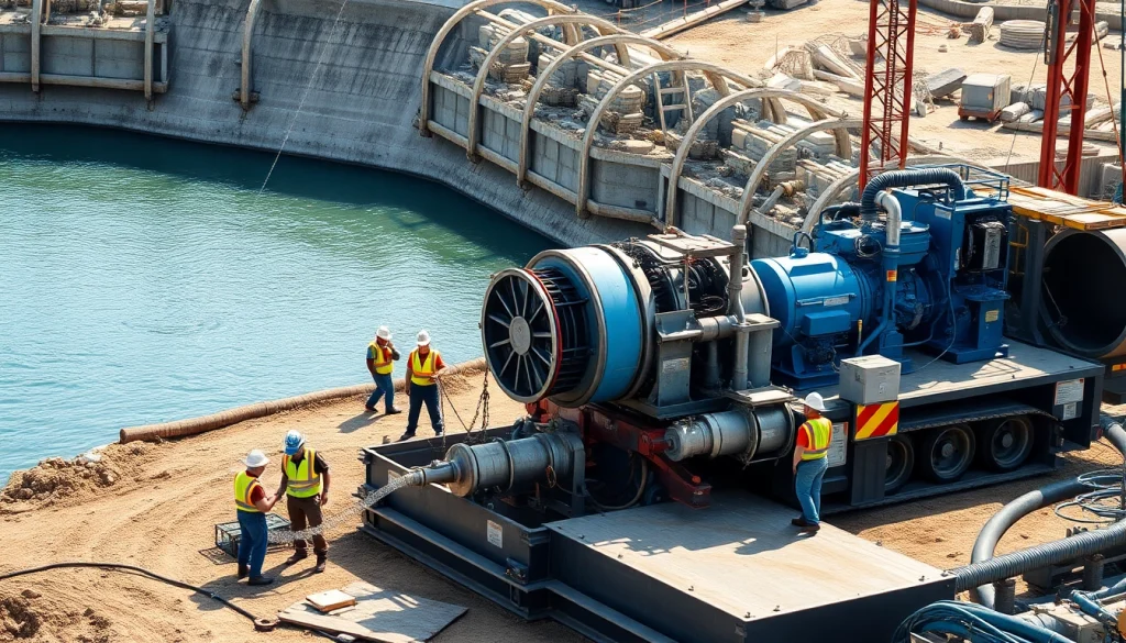 Efficient industrial water transfer services showcasing machinery in action at a construction site.