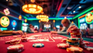 Kasinojitu menampilkan suasana permainan kasino online yang penuh semangat dengan meja judi yang menarik.