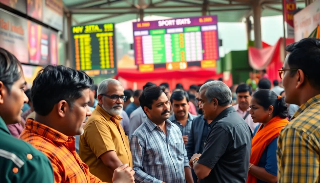 Engaging scene of sports betting in India, highlighting diverse bettors and dynamic atmosphere.