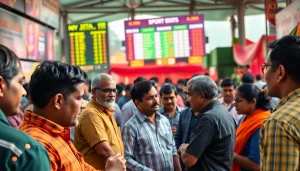 Engaging scene of sports betting in India, highlighting diverse bettors and dynamic atmosphere.