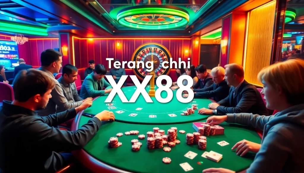 Experience the thrill of gambling at Trang chủ XX88 with an exciting poker game featuring vibrant chips and cards.