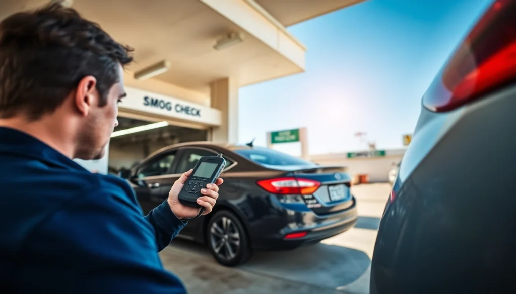 Performing a Smog Check Plus at a professional emissions testing station for vehicles.