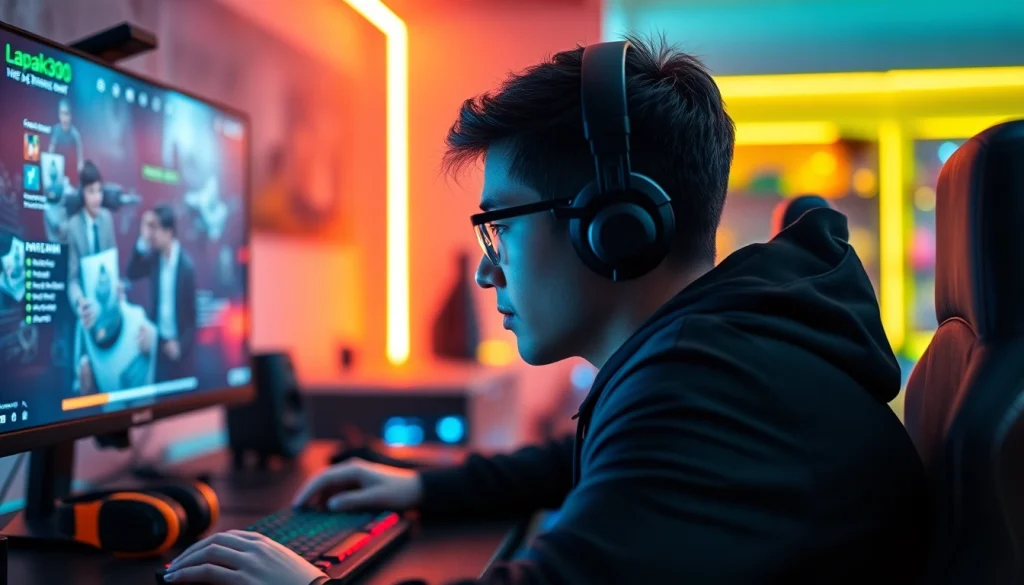 Login ke lapak303 game dengan gamer fokus di depan layar komputer berkualitas tinggi.