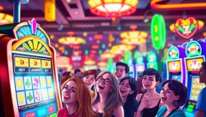 Memperlihatkan slot gacor dengan pemain yang bersemangat dan suasana kasino yang meriah.