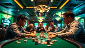 Permainan Domino88 poker yang mendebarkan dengan pemain profesional di kasino modern.