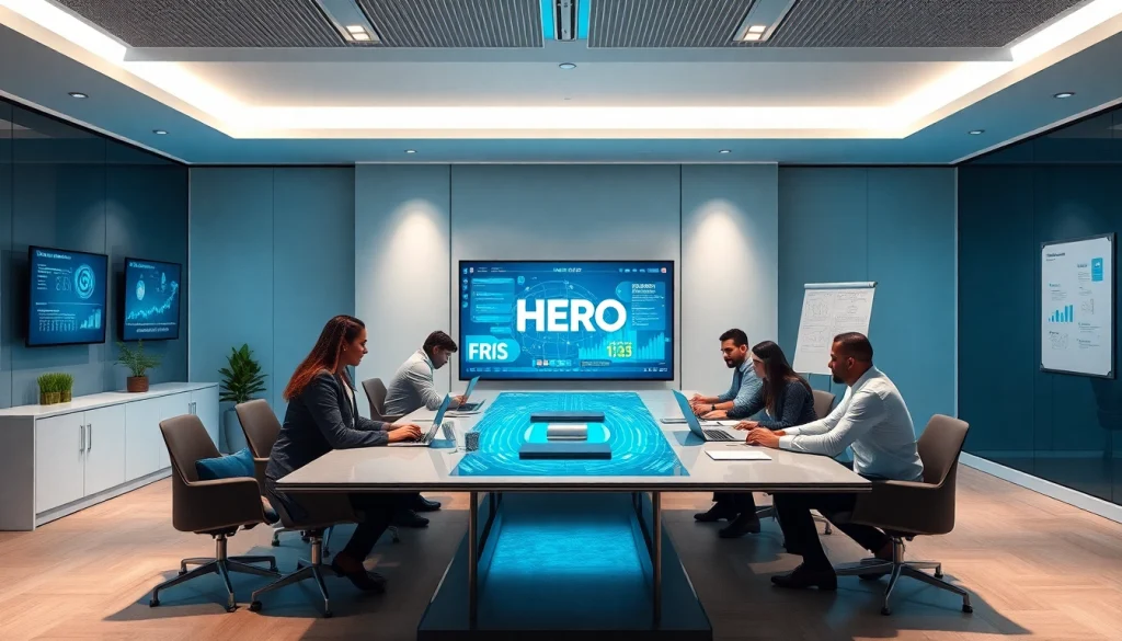 HERO Managed Services team collaborating in a high-tech office environment showcasing innovation and professionalism.