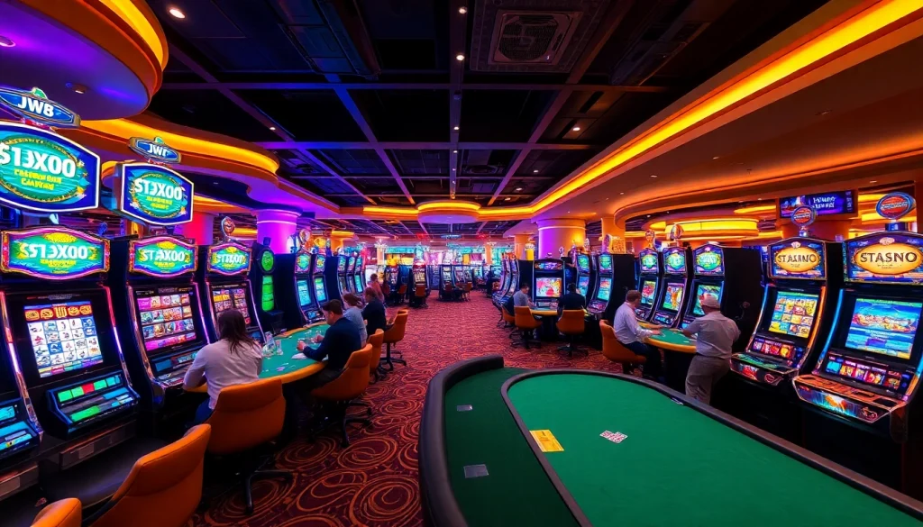 jw8 कैसीनो के दोहरे से भरे गेमिंग क्षेत्र में खिलाड़ियों की उत्साह भरी गतिविधियाँ दिखाते हुए