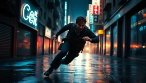 Hero running through an intense urban scene representing an action-packed thriller