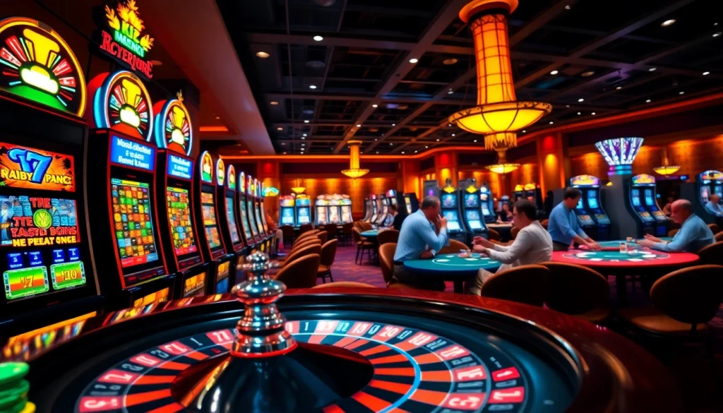 Experience KJC AC gaming action with vibrant roulette tables and colorful slot machines creating an electrifying atmosphere.