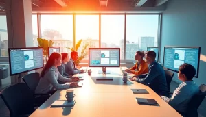 Showcase innovative features at https://best-ai-tools.org in a modern office with diverse professionals collaborating.