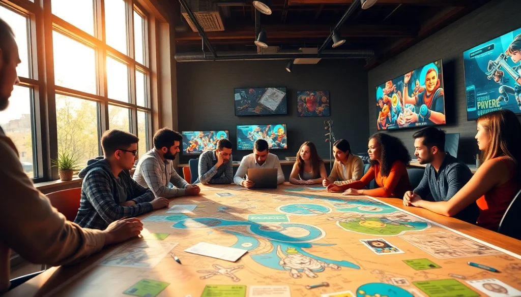 Team collaboration at https://www.trilgameshproject.com showcasing vibrant game designs and energetic atmosphere.