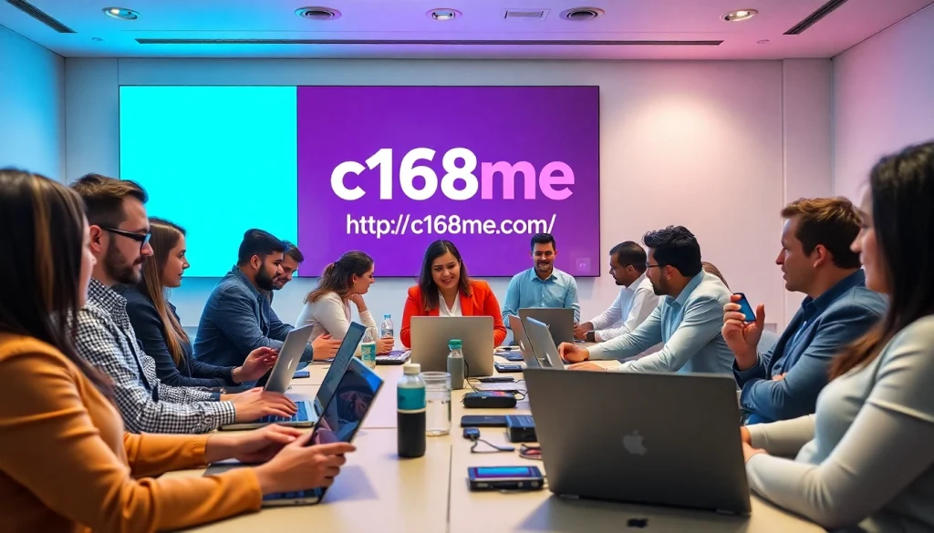 Participants in a technology conference engaging around https://c168me.com/ branding, highlighting collaboration.